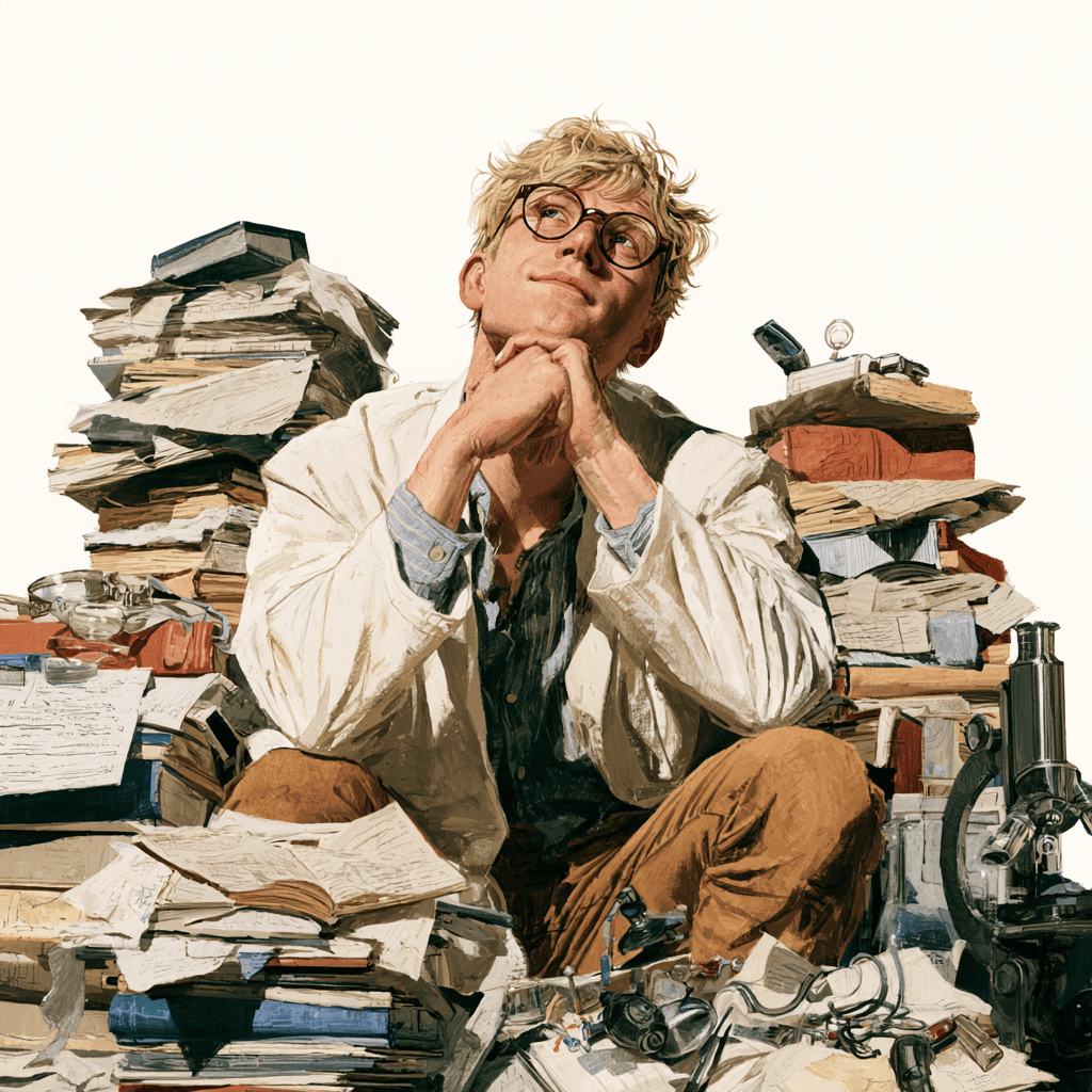 A young man with glasses and blonde hair and wearing a scientist's white coat, sitting happily surrounded by books and papers and scientific instruments.
